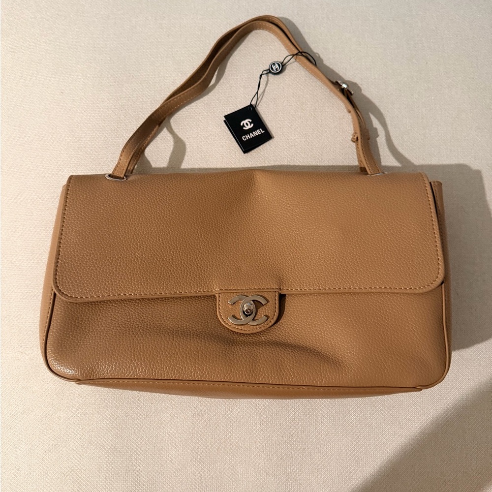 CHANEL Tan Pebbled Leather Shoulder Bag with CC Turn-Lock